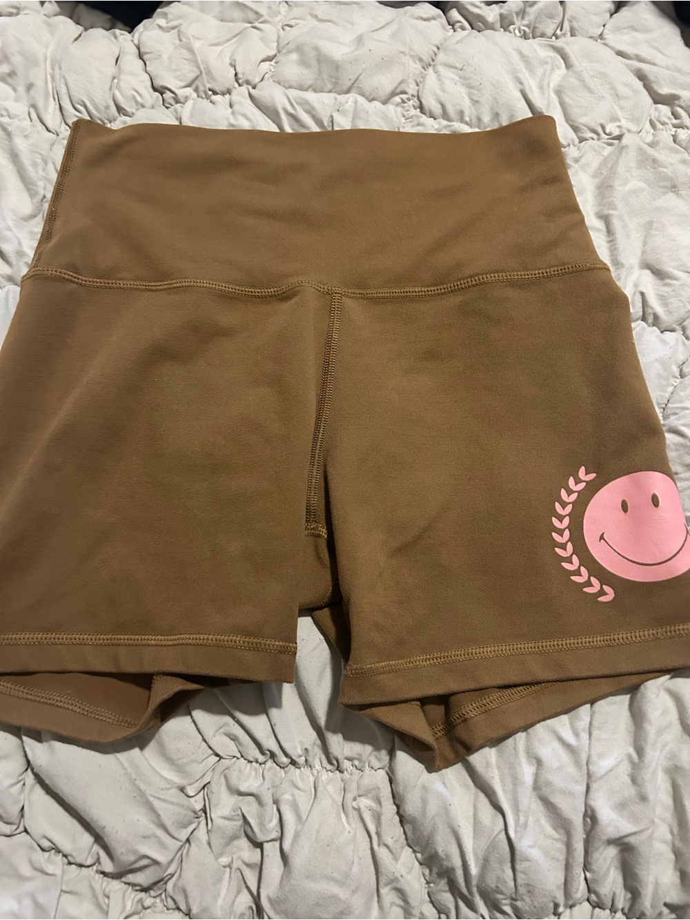 aerie Brown High-Waist Bike Shorts with Pink Smile Graphic